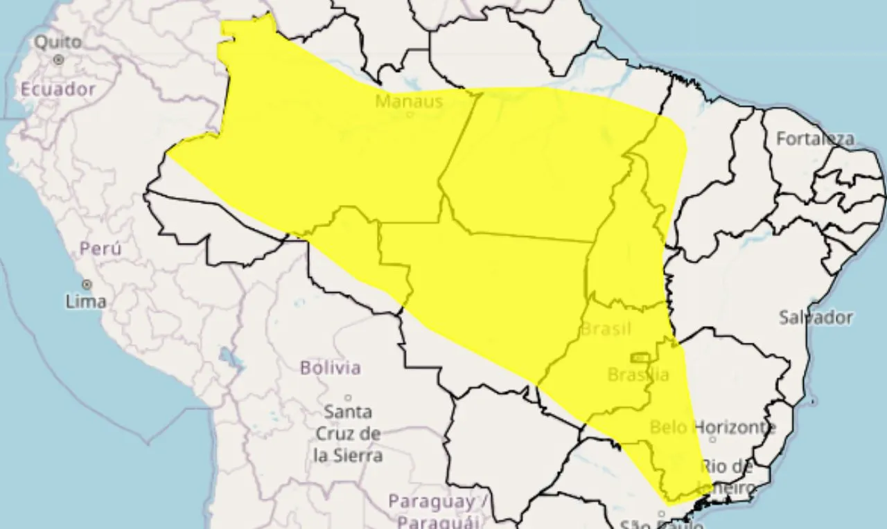 O mapa mostra as &aacute;reas em alerta para chuva intensa
